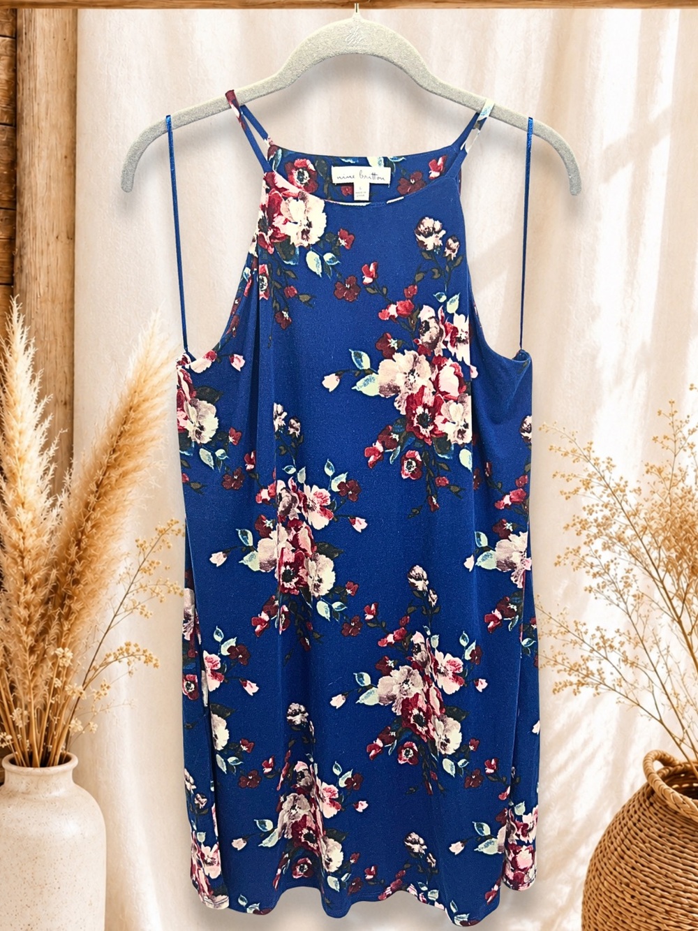 Nine Britton Women’s Large Blue Floral Strappy Swing Dress Sleeveless
